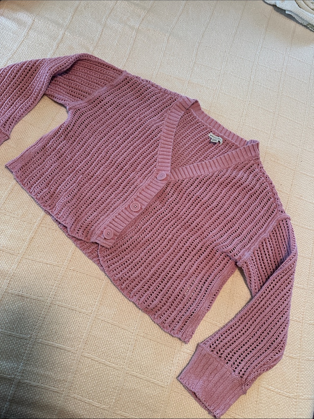 American Eagle Outfitters Rose Open-Knit V-Neck Cropped Button Cardigan